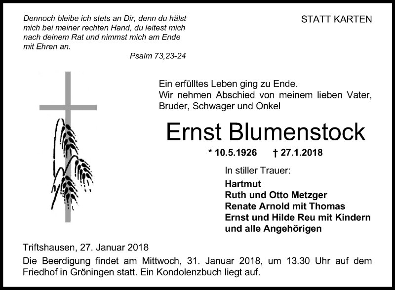  Traueranzeige für Ernst Blumenstock vom 30.01.2018 aus Hohenloher Tagblatt