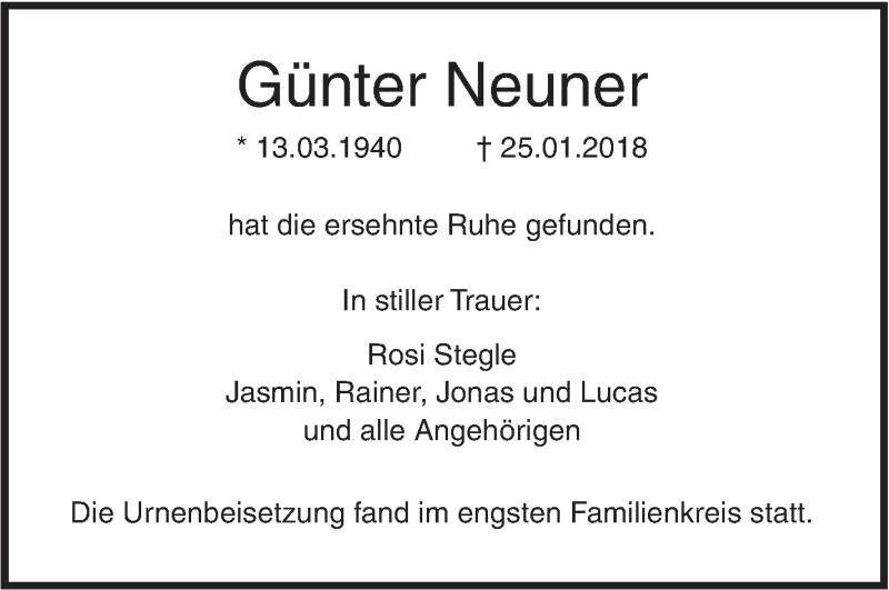  Traueranzeige für Günter Neuner vom 03.02.2018 aus SÜDWEST PRESSE Ausgabe Ulm/Neu-Ulm