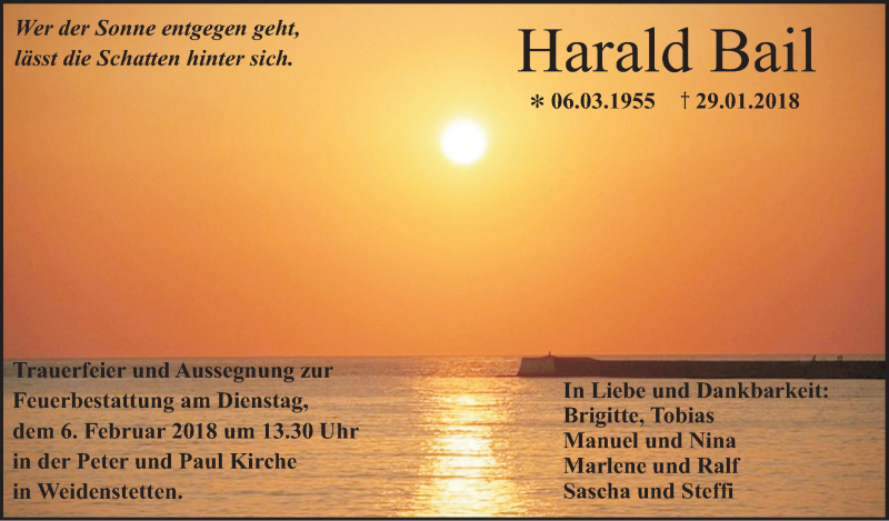  Traueranzeige für Harald Bail vom 03.02.2018 aus SÜDWEST PRESSE Ausgabe Ulm/Neu-Ulm