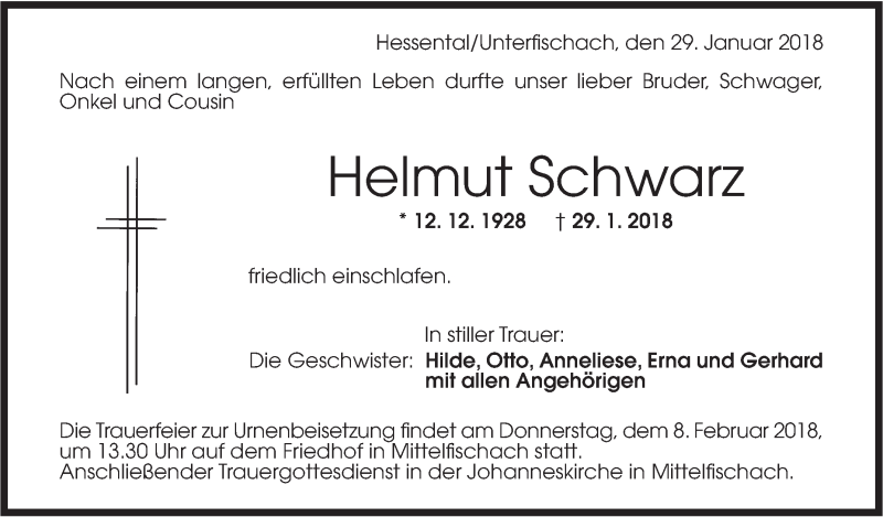  Traueranzeige für Helmut Schwarz vom 05.02.2018 aus Haller Tagblatt