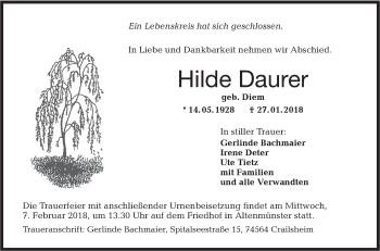 Traueranzeige von Hilde Daurer von Hohenloher Tagblatt