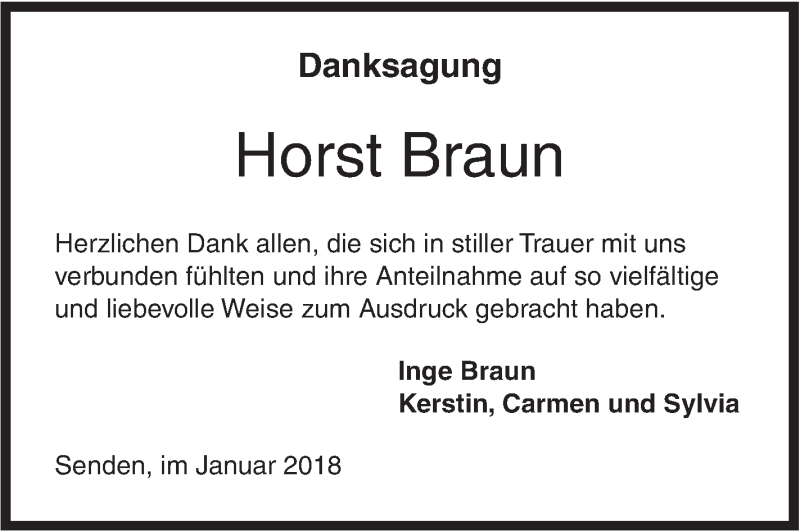  Traueranzeige für Horst Braun vom 13.01.2018 aus Ehinger Tagblatt