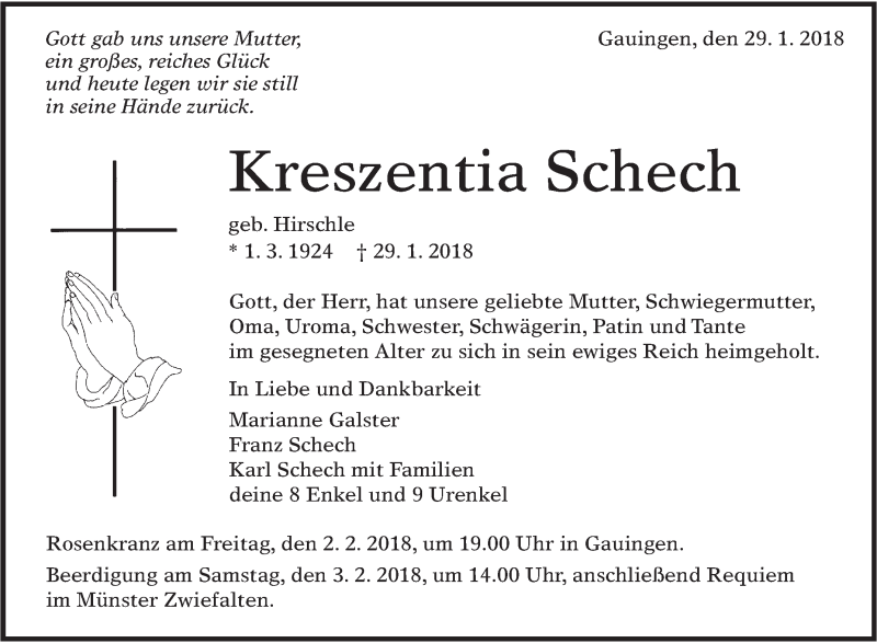  Traueranzeige für Kreszentia Schech vom 01.02.2018 aus Alb-Bote