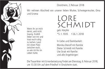 Traueranzeige von Lore Schmidt von Hohenloher Tagblatt