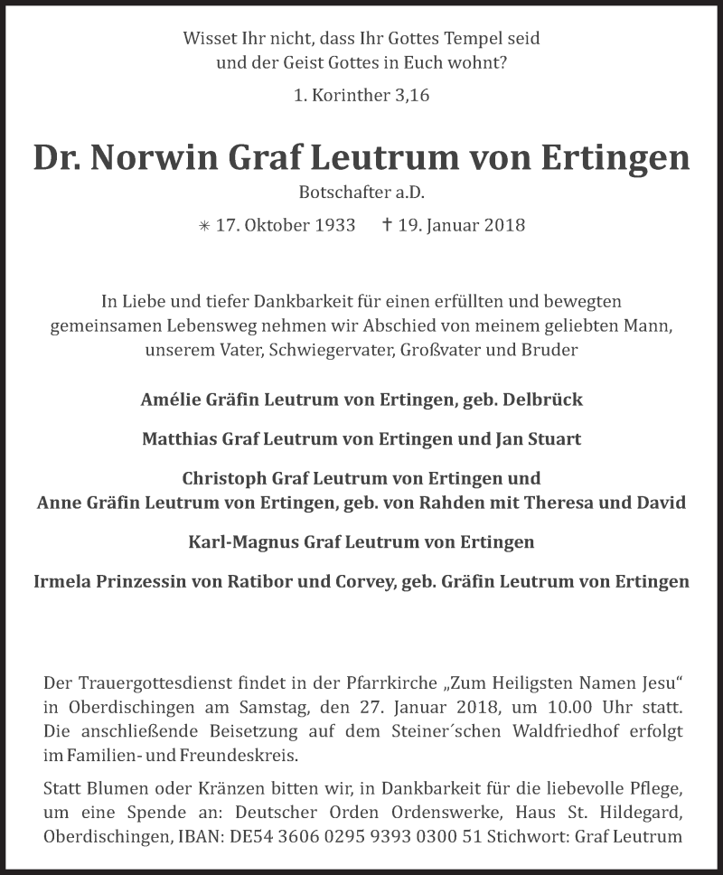  Traueranzeige für Norwin Graf Leutrum von Ertingen vom 24.01.2018 aus Ehinger Tagblatt