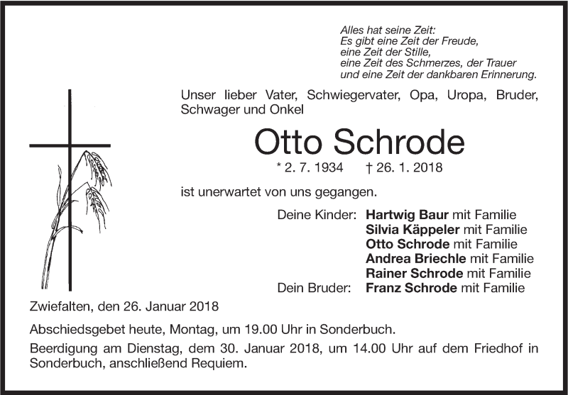  Traueranzeige für Otto Schrode vom 29.01.2018 aus Alb-Bote/Metzinger-Uracher Volksblatt