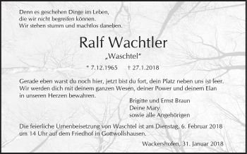 Traueranzeige von Ralf Wachtler von Haller Tagblatt