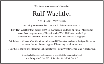 Traueranzeige von Ralf Wachtler von Haller Tagblatt