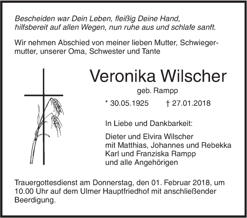  Traueranzeige für Veronika Wilscher vom 30.01.2018 aus SÜDWEST PRESSE Ausgabe Ulm/Neu-Ulm