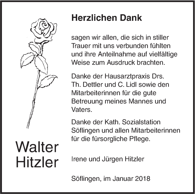  Traueranzeige für Walter Hitzler vom 12.01.2018 aus SÜDWEST PRESSE Ausgabe Ulm/Neu-Ulm