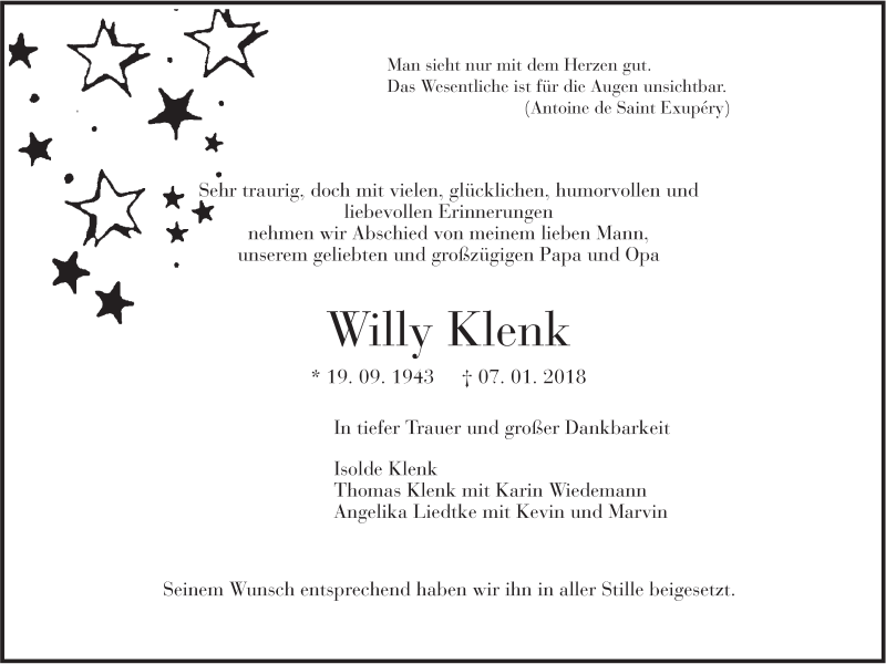  Traueranzeige für Willy Klenk vom 13.01.2018 aus SÜDWEST PRESSE Ausgabe Ulm/Neu-Ulm