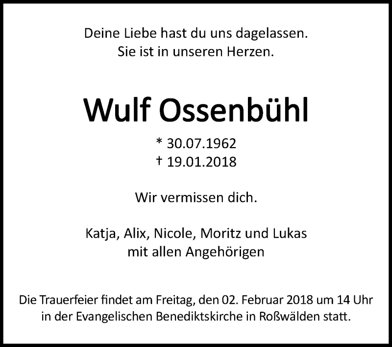  Traueranzeige für Wulf Ossenbühl vom 26.01.2018 aus NWZ Neue Württembergische Zeitung