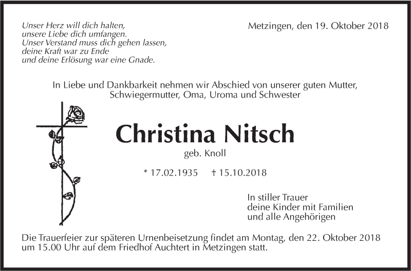  Traueranzeige für Christina Nitsch vom 19.10.2018 aus Metzinger-Uracher Volksblatt