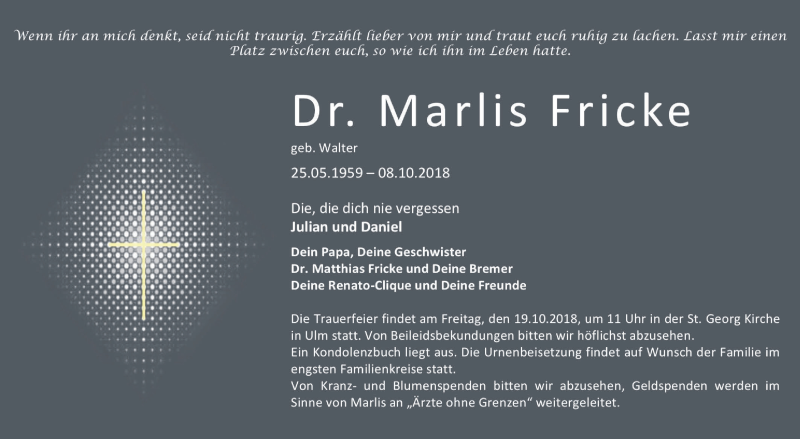  Traueranzeige für Marlies Fricke vom 13.10.2018 aus SÜDWEST PRESSE Ausgabe Ulm/Neu-Ulm