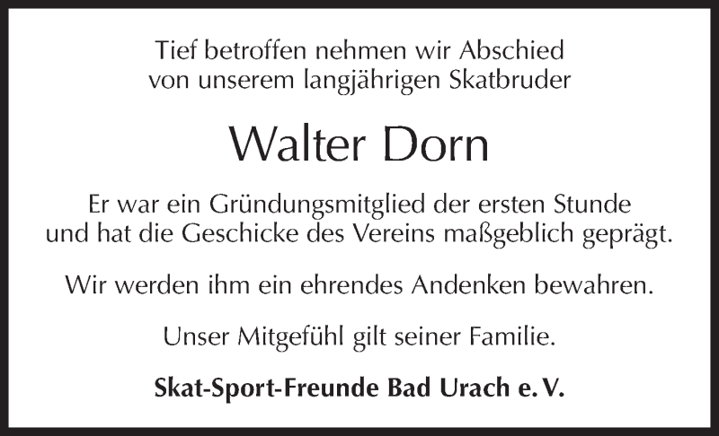  Traueranzeige für Walter Dorn vom 23.10.2018 aus Metzinger-Uracher Volksblatt