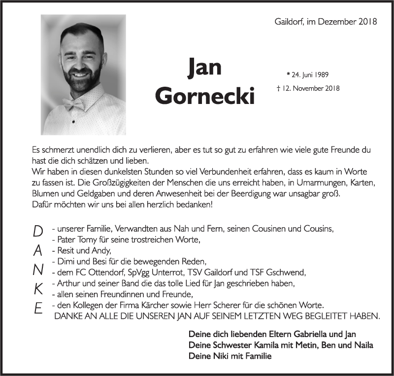  Traueranzeige für Jan Gornecki vom 08.12.2018 aus Rundschau Gaildorf