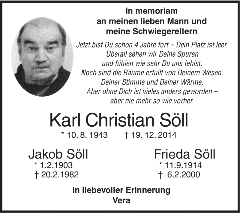  Traueranzeige für Karl Christian Söll vom 21.12.2018 aus SÜDWEST PRESSE