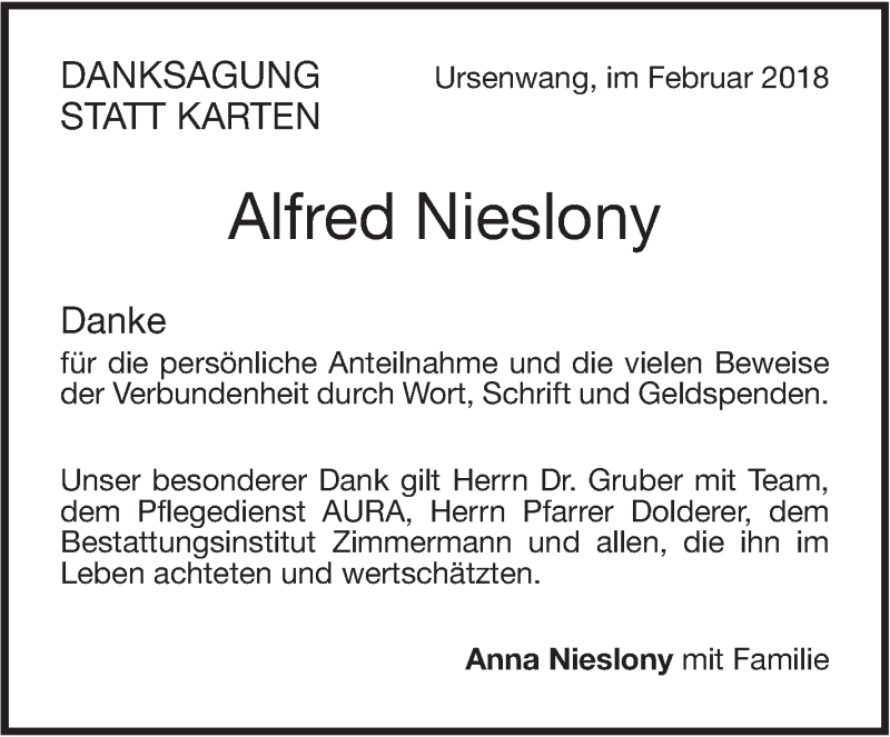  Traueranzeige für Alfred Nieslony vom 17.02.2018 aus NWZ Neue Württembergische Zeitung