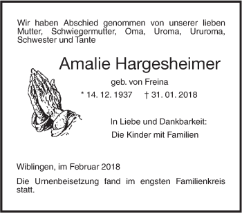 Traueranzeige von Amalie Hargesheimer von SÜDWEST PRESSE Ausgabe Ulm/Neu-Ulm