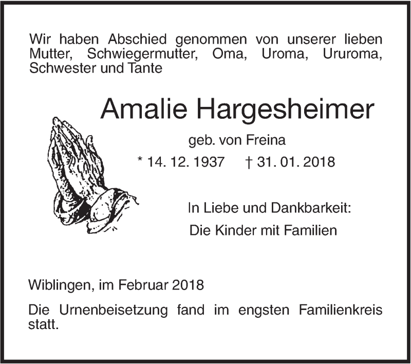  Traueranzeige für Amalie Hargesheimer vom 10.02.2018 aus SÜDWEST PRESSE Ausgabe Ulm/Neu-Ulm