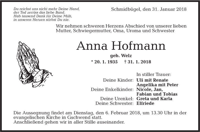  Traueranzeige für Anna Hofmann vom 03.02.2018 aus Rundschau Gaildorf