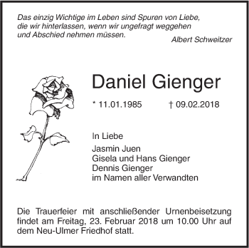 Traueranzeige von Daniel Gienger von SÜDWEST PRESSE Ausgabe Ulm/Neu-Ulm