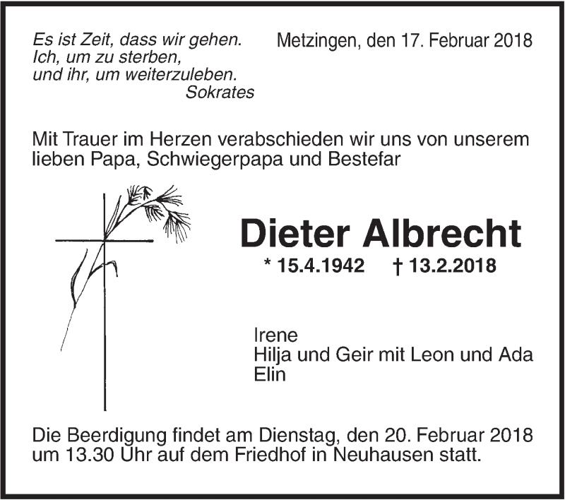  Traueranzeige für Dieter Albrecht vom 17.02.2018 aus Metzinger-Uracher Volksblatt