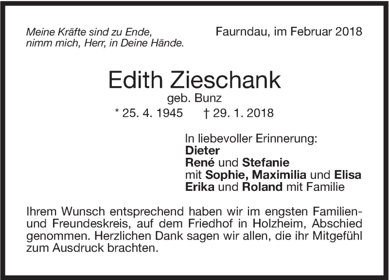  Traueranzeige für Edith Zieschank vom 19.02.2018 aus NWZ Neue Württembergische Zeitung