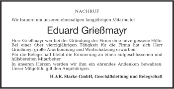 Traueranzeige von Eduard Grießmayr von Haller Tagblatt