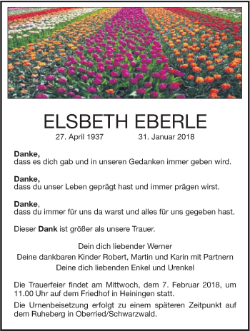 Traueranzeige von Elsbeth Eberle von NWZ Neue Württembergische Zeitung