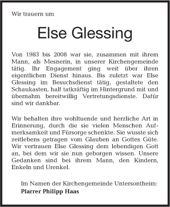 Traueranzeige von Else Glessing von Haller Tagblatt