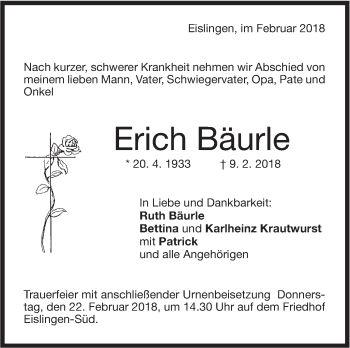 Traueranzeige von Erich Bäurle von NWZ Neue Württembergische Zeitung