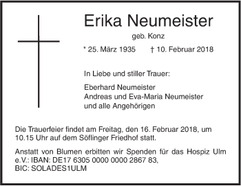 Traueranzeige von Erika Neumeister von SÜDWEST PRESSE Ausgabe Ulm/Neu-Ulm