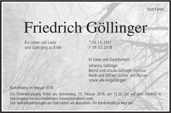 Traueranzeige von Friedrich Göllinger von Hohenloher Tagblatt