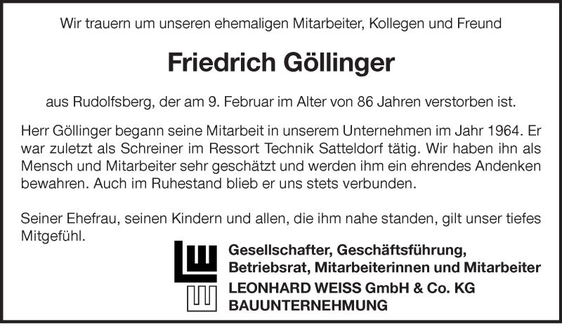  Traueranzeige für Friedrich Göllinger vom 14.02.2018 aus Hohenloher Tagblatt