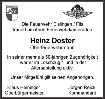 Traueranzeige von Heinz Doster von NWZ Neue Württembergische Zeitung