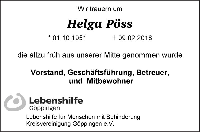  Traueranzeige für Helga Pöss vom 24.02.2018 aus Geislinger Zeitung