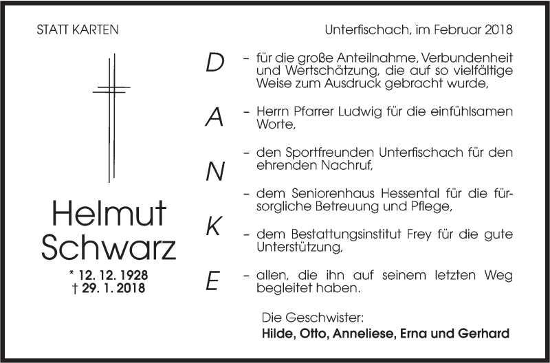  Traueranzeige für Helmut Schwarz vom 17.02.2018 aus Haller Tagblatt