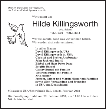 Traueranzeige von Hilde Killingsworth von Haller Tagblatt