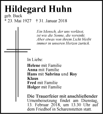 Traueranzeige von Hildegard Huhn von SÜDWEST PRESSE Ausgabe Ulm/Neu-Ulm