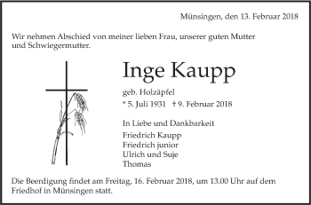 Traueranzeige von Inge Kaupp von Alb-Bote/Metzinger-Uracher Volksblatt