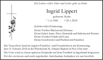 Traueranzeige von Ingrid Lippert von SÜDWEST PRESSE Ausgabe Ulm/Neu-Ulm
