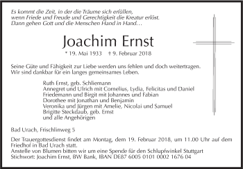 Traueranzeige von Joachim Ernst von SÜDWEST PRESSE Ausgabe Ulm/Neu-Ulm