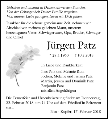 Traueranzeige von Jürgen Patz von Haller Tagblatt