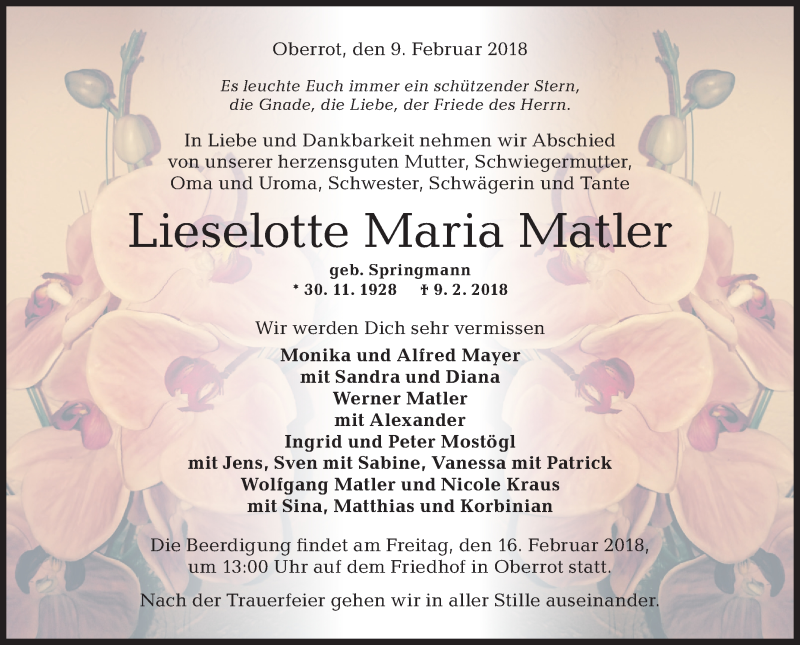  Traueranzeige für Lieselotte Maria Matler vom 14.02.2018 aus Rundschau Gaildorf