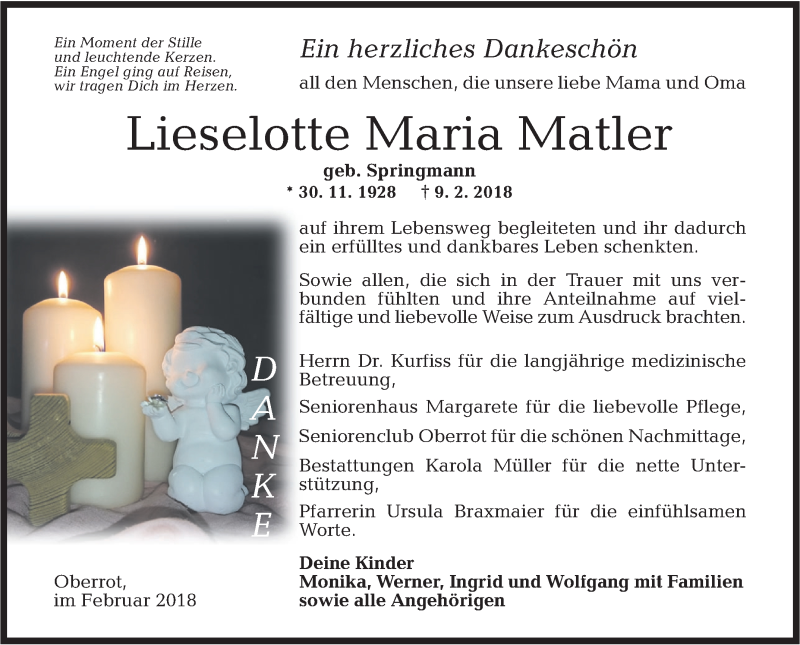  Traueranzeige für Lieselotte Maria Matler vom 28.02.2018 aus Rundschau Gaildorf