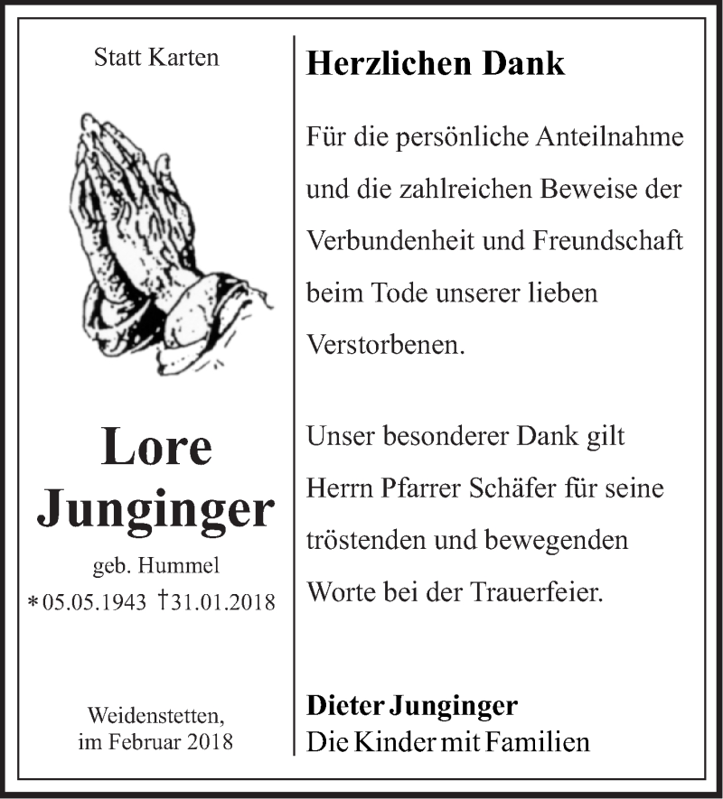  Traueranzeige für Lore Junginger vom 20.02.2018 aus SÜDWEST PRESSE Ausgabe Ulm/Neu-Ulm