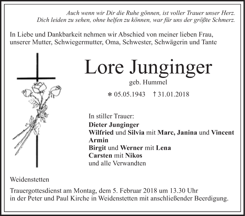  Traueranzeige für Lore Junginger vom 02.02.2018 aus SÜDWEST PRESSE Ausgabe Ulm/Neu-Ulm