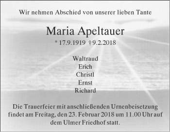 Traueranzeige von Maria Apeltauer von SÜDWEST PRESSE Ausgabe Ulm/Neu-Ulm