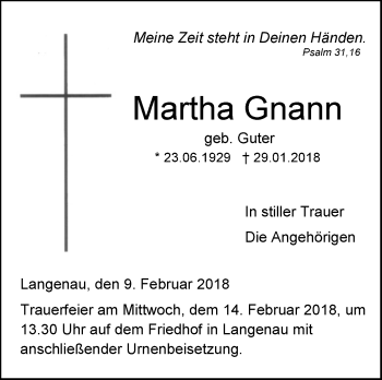 Traueranzeige von Martha Gnann von SÜDWEST PRESSE Ausgabe Ulm/Neu-Ulm